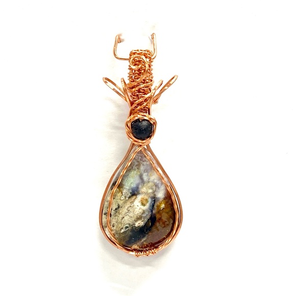 HANDCRAFTED Plume Agate Hand Wrapped Pure Copper Lava Bead Statement Pendant - Picture 4 of 10